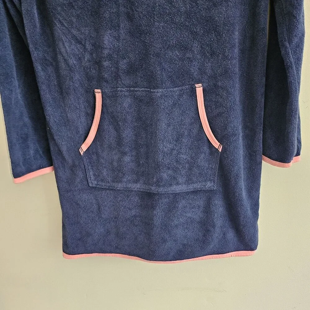 OshKosh B'Gosh Terry Cloth Towel Dress Hooded Navy Pink Heart Coverup Girls 14